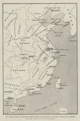 Die chinesische Krise, Positionen von Port Arthur und Kiau-Chiau, besetzt von Russland und Deutschland, mit unterstrichenen Namen der Vertragshäfen und Städte